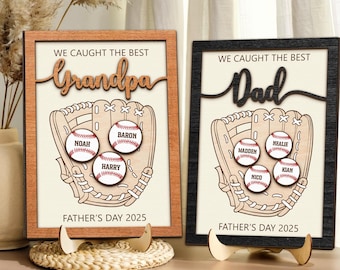 Personalized We Caught The Best Dad Wood Sign, Custom Baseball Dad With Kids Name Sign, Father&#39;s Gift Ideas For Dad, Great Ball Catcher