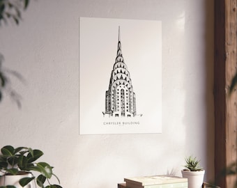 Chrysler Building, Monochrome Ink Pen Art Poster, Art Deco New York City Architecture Detail