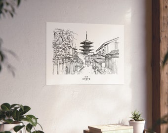 Kyoto Japan Black and White Hand Drawn Ink Sketch Print, Japan City Architecture Wall Art, Monochrome Art