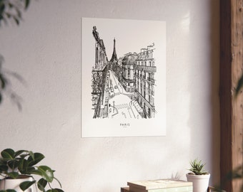 Paris Street View, Monochrome Ink Pen Art Poster, Eiffel Tower