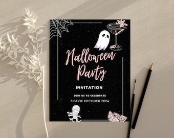 Könnte beinhalten: Schwarze Halloween-Party-Einladung mit Illustrationen einer Spinne, eines Geistes, eines Cocktails, einer Mumie und einer Orangenscheibe. Der Einladungstext lautet "Halloween Party" und "31. Oktober 2024".