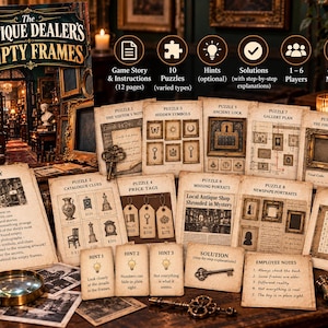Puede incluir: Un juego de misterio de mesa titulado The Antique Dealer's Empty Frames, que incluye una caja, un folleto de historia de 12 páginas, 10 tarjetas de rompecabezas, tarjetas de pistas, soluciones y notas de empleados, con una lupa y dos llaves.
