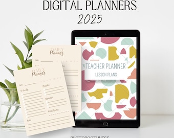 May include: A digital planner for 2025 is displayed on a tablet, with a teacher planner design. Two beige daily planner sheets are in front of the tablet. The image includes the text "Digital Planners 2025" and "Teacher Planner Lesson Plans".