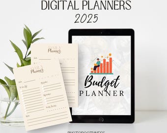 May include: Digital planners for 2025. The image shows a tablet displaying a "Budget Planner" graphic with a chart and a person working on a laptop. Two "Daily Planner" sheets are in front of the tablet. The text "PHOTOBOTHNESS" is at the bottom.