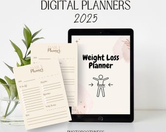 May include: A digital planner for 2025 is displayed on a tablet, with the words "Weight Loss Planner" on the screen. Two paper daily planners are next to the tablet. The image also includes the text "Digital Planners 2025" and "Photoboothness".