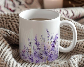 Tasse aquarelle lavande 11 oz | Fleurs sauvages | Lavande | Motif floral | Mug en céramique | Tasse à café fleurs | Tasse à thé | Cadeaux pour elle