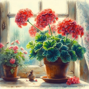 Gerani sul davanzale di una finestra, 10 JPG di alta qualità, Fiori in vaso acquerellati, Creazione di biglietti, Junk Journaling, USO COMMERCIALE / AF0416-3