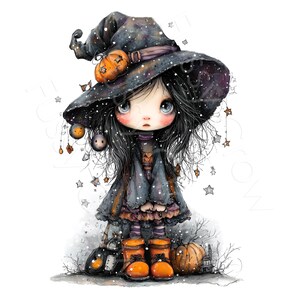 K&ouml;nnte beinhalten: Eine digitale Illustration einer Figur mit langem schwarzem Haar, die einen gro&szlig;en, dunklen, gesprenkelten Hexenhut mit einem kleinen orangefarbenen K&uuml;rbis tr&auml;gt. Die Figur tr&auml;gt ein dunkles Kleid, gestreifte Leggings und orangefarbene Stiefel.