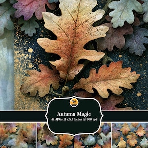 May include: A digital collection titled Autumn Magic featuring 44 JPG files, each measuring 11 by 8.5 inches at 300 dpi. The imagery displays a variety of oak leaves in shades of orange, brown, and muted blue against a dark, gold-speckled background.