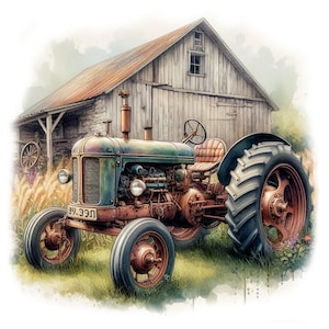 Clipart retro tractor aquarel, 10 hoge kwaliteit jpg's, vintage landbouwkunst, kaarten maken, journaling, papiermodellen COMMERCIEEL GEBRUIK | AF0310-1