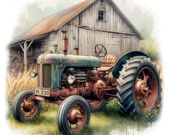 Watercolour Retro Tractor Clipart, 10 High Quality JPGs, Vintage Farming Art, Card Making, Journaling, Paper Craft COMMERCIAL USE | AF0310-1