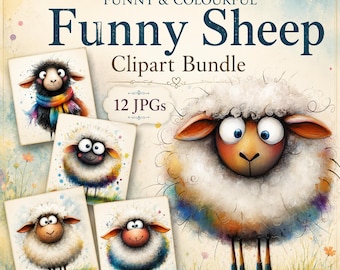 Funny Sheep Clipart, 12 High Quality JPGs, Quirky Farm Animal, Card Making, Journal, Paper Craft, Digital Download COMMERCIAL USE | AF0409-2