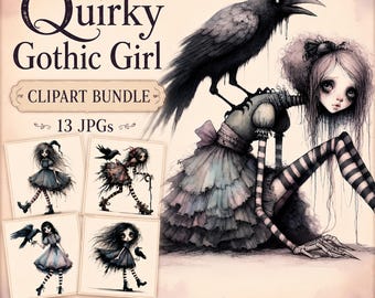 Clipart de Garota Gótica Excêntrica, Ilustrações de Boneca Assustadora de Halloween em Aquarela, 12 JPGs, Ideal para Criação de Cartões, Diário de Arte, Download Digital | AF0716