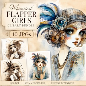 May include: A digital clipart bundle titled "Whimsical Flapper Girls." The image features watercolor illustrations of flapper girls with elaborate headpieces and detailed facial features. The bundle includes 10 JPGs, perfect for digital art projects.