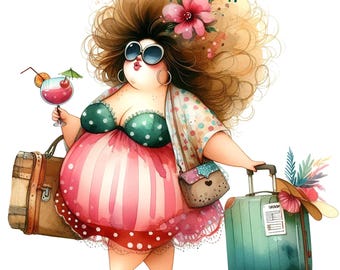 Curvy Lady On Vacation Clipart, 10 High Quality JPGs, Quirky Travel Women, Card Making, Journaling, Paper Craft, COMMERCIAL USE | AF0428-2