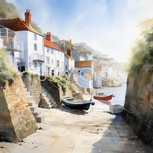May include: A watercolor painting of a quaint seaside village with white houses and a small harbor. Three boats are docked in the harbor, two of which are blue and one is red. The scene is bathed in sunlight, creating a warm and inviting atmosphere.
