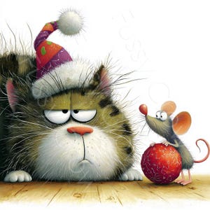 May include: A grumpy cartoon cat wearing a Christmas hat looks at a mouse holding a red ornament. The cat has brown and white fur, a pink nose, and a frown. The mouse is gray with large ears and a red nose. The background is white.