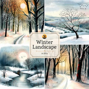 Puede incluir: Un collage digital de cuatro paisajes invernales con bosques cubiertos de nieve, un río helado y árboles desnudos bajo un sol pálido. Una etiqueta central muestra el texto Winter Landscape y 16 JPGs con un icono de pájaro encima.