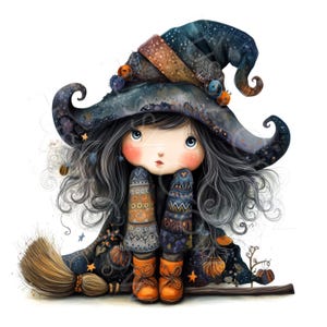 K&ouml;nnte beinhalten: Eine digitale Illustration einer Figur mit langem dunklem Haar, die einen gro&szlig;en, dunkelblauen, sternenbedeckten spitzen Hut tr&auml;gt. Die Figur hat rosige Wangen, tr&auml;gt gemusterte Leggings und orangefarbene Stiefel und sitzt auf einem Besen.