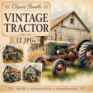 May include: A digital clipart bundle showcasing a vintage tractor. The image presents a detailed illustration of an antique tractor set against a rustic barn backdrop, accompanied by smaller images. The text reads "Vintage Tractor" and "12 JPGs".