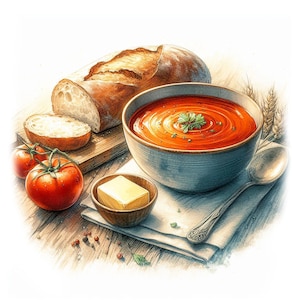 Tomatensuppe Clipart, 12 hochwertige Aquarell JPGs, Rustikales Essen Clipart, Kartenherstellung, Junk Journal, Papiermodelle, KOMMERZIELLE NUTZUNG | AF0619