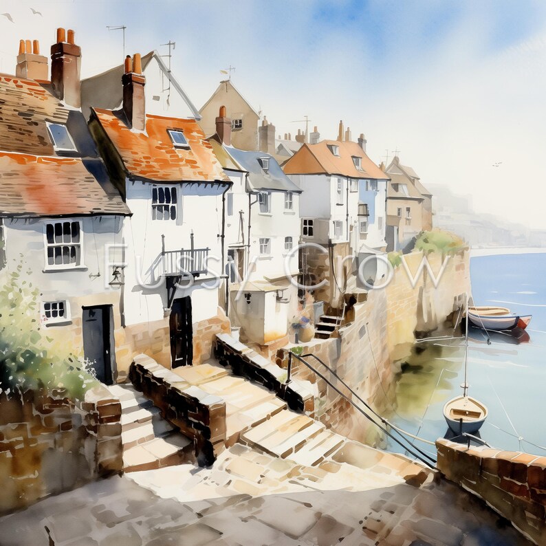 May include: A watercolor painting of a row of white houses with red tile roofs, overlooking a small harbor with a blue boat and a blue sky. The houses are built into a cliffside and there are steps leading down to the water.