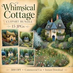 Può includere: Un pacchetto di clipart digitali intitolato "Whimsical Cottage" con 15 JPG. L'immagine mostra un'incantevole casetta circondata da una vegetazione lussureggiante e fiori colorati. L'opera d'arte è disponibile per uso commerciale e download immediato.
