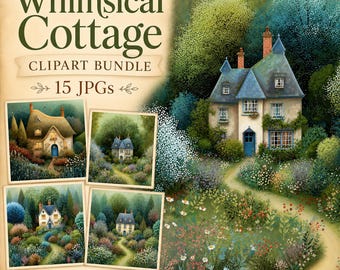Whimsical Cottage & Garden Clipart, 15 High Quality JPGs, Watercolour Summer House Clipart, Card Making, Journaling, Paper Craft | AF0530-1