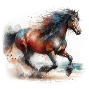 May include: A watercolor painting of a brown horse with a flowing black mane and tail running on a beach. The horse is painted in a realistic style with splashes of color.