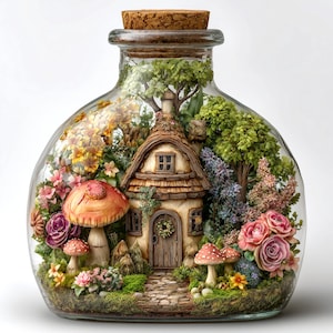 May include: A miniature fairy house terrarium in a glass bottle, with a thatched roof, surrounded by flowers, mushrooms, and trees. The bottle is sealed with a cork. The scene is a miniature garden.