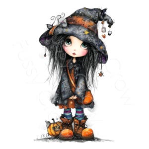 K&ouml;nnte beinhalten: Eine digitale Illustration einer Figur mit langem schwarzem Haar, die einen gro&szlig;en, dunklen Hexenhut mit Sternenmuster, einen dunklen Mantel und orangefarbene Stiefel tr&auml;gt. Die Figur hat gro&szlig;e t&uuml;rkisfarbene Augen und steht neben einem kleinen K&uuml;rbis. Text FUSSY CROW.