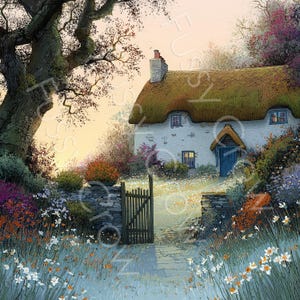 May include: A painting depicting a charming cottage with a thatched roof, set within a vibrant garden. The cottage features a blue door and windows, with a stone wall and wooden gate. The scene is framed by colorful flowers and a large tree.