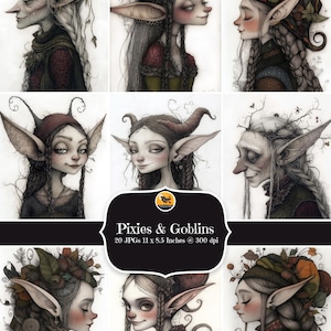 May include: A collection of digital art prints featuring whimsical pixies and goblins. Each portrait showcases a unique character with detailed features, including pointed ears, braided hair, and adorned with natural elements. The text on the image reads "Pixies & Goblins 20 JPGs 11 x 8.5 Inches @ 300 dpi".