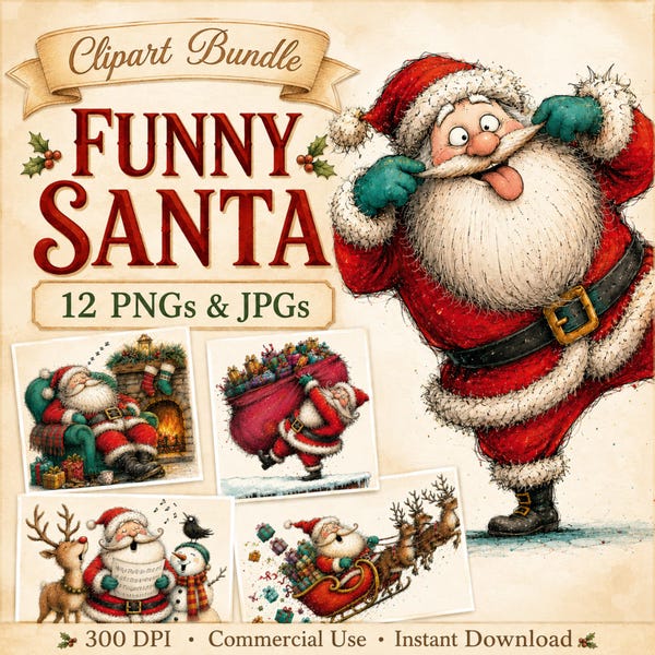 Funny Santa clipart, grillige kerstvakantie, png en jpg, aquarel, digitale download, commercieel gebruik, kaarten maken, sublimatie