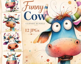 Funny Cow Clipart, 12 High Quality JPGs, Watercolour Quirky Cow Art, Farm Animal Whimsy, Card Making, Paper Craft COMMERCIAL USE | AF0415-1