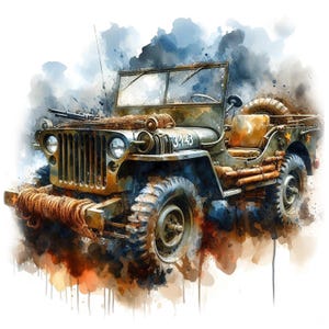 WW2 Amerikaans leger off-road voertuig clipart, 10 hoge kwaliteit jpg's, aquarel militaire kunst, kaarten maken, journaling, COMMERCIEEL GEBRUIK | AF0401