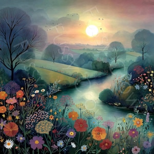 Può includere: Un vivace dipinto ad acquerello di un paesaggio sereno. Un fiume scorre attraverso un campo di fiori selvatici colorati, con alberi e dolci colline sullo sfondo. Il cielo presenta un sole luminoso e uccelli, creando una scena pacifica.