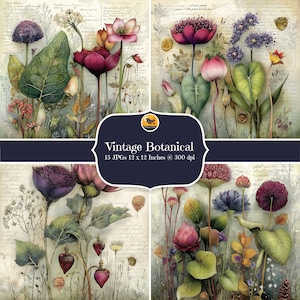 Botanische Digitale Papiere, Aquarell Florale Hintergründe, 15 JPGs, Junk Journal, digitaler Download, kommerzielle Nutzung, Kartenherstellung