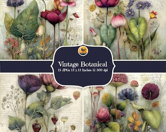 Botanical Digital Papers, Watercolour Floral Printable Backgrounds, 15 JPGs, Junk Journal, Digital Download, Commercial Use, Card Making