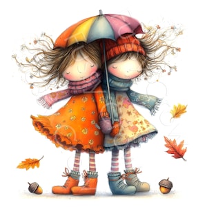 Autumn Best Friends Clipart, 10 Watercolour Whimsical Girl JPGs for Card Making, Junk Journal, Commercial Use Digital Download | AF0903-2