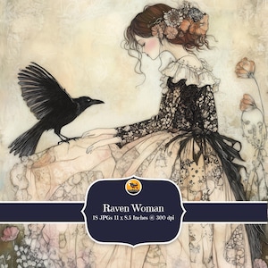 Woman With Raven Digital Papers, Watercolour Gothic Witchy Junk Journal Printable Backgrounds, Scrapbook, Collage Pages (18 JPGs)