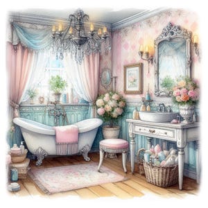 Shabby Chic Badezimmer Clipart, 10 hochwertige JPGs, Aquarell Vintage Badezimmer, Papiermodelle, Journaling, Wandkunst KOMMERZIELLE NUTZUNG | AF0304