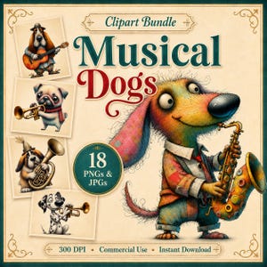 Op de afbeelding: Een clipartbundel getiteld Musical Dogs met 18 PNG- en JPG-bestanden. De afbeelding toont een kleurrijke hond die saxofoon speelt, naast kleinere ingelijste illustraties van honden die gitaar, trompet en tuba spelen op een beige achtergrond.