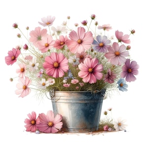 バケツの中の花のクリップアート、10 枚の高品質 JPG、ピンクの花の画像、カード作成、ジャーナリング、デジタル ダウンロード、商用利用 | AF0210-4