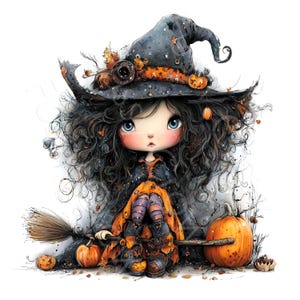 K&ouml;nnte beinhalten: Eine digitale Illustration einer Figur mit volumin&ouml;sem dunklem Haar, die einen gro&szlig;en schwarzen Hexenhut mit orangefarbenen Akzenten und Sternen tr&auml;gt. Die Figur tr&auml;gt ein orange-schwarzes Outfit, sitzt auf einem Holzbesen und ist von kleinen orangefarbenen K&uuml;rbissen umgeben.