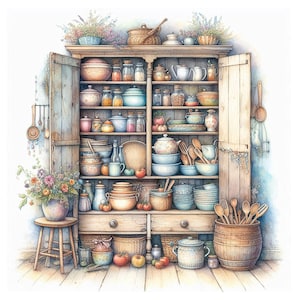 May include: Watercolor illustration of a rustic kitchen cabinet filled with various kitchenware. The cabinet is painted in soft pastel colors and features shelves holding pots, bowls, jars, and utensils. A wooden stool and barrel are also present.