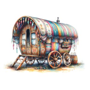 Romany caravan clipart, 17 hoge kwaliteit jpg's, aquarel grillige Boho Vardo clipart, kaarten maken, junk journaling, Paper Craft | AF0528-2