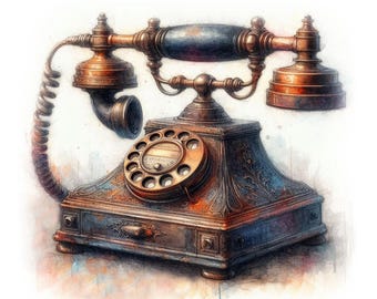 Vintage Telephone Clipart, 10 High Quality JPGs, Watercolour Antique Phone Clipart, Paper Craft, Retro Journaling, COMMERCIAL USE | AF0305