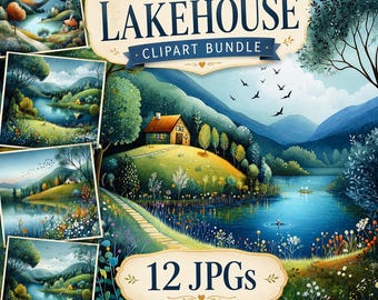 Whimsical Lake House Clipart, 12 High Quality JPGs, Watercolour Log Cabin Images, Card Making, Junk Journaling, COMMERCIAL USE | AF0417-1