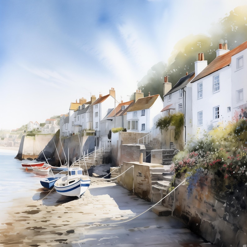 May include: A watercolor painting of a quaint seaside village with white houses clustered together on a cliff overlooking a harbor. Several small boats are docked in the harbor, with blue skies and fluffy clouds in the background.